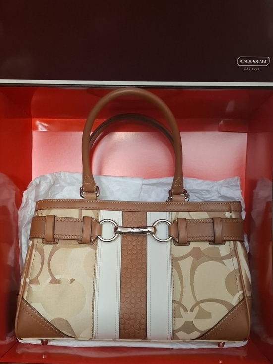 Coach Handbags - Coach Tan & Cream Signature Stripe Satchel with Leather Trim